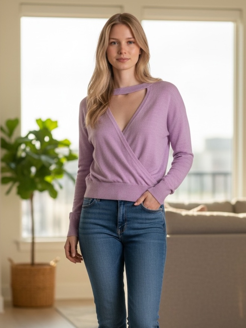 Halogen Lavender Wrap-Style V-Neck Sweater with Neck Strap